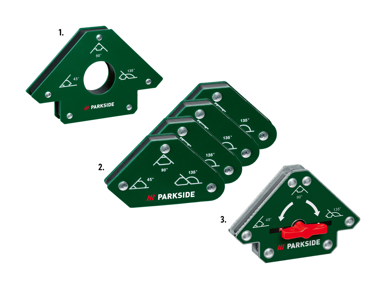 Drei Arten von Magnetschweißwinkeln, darunter ein Set aus vier kleinen Winkeln und ein verstellbarer Winkel.