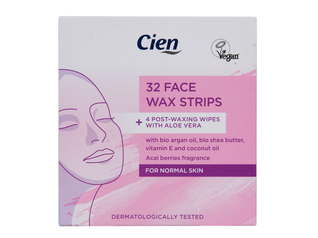 Cien 32 Bandas de Cera Facial com Aloé Vera, óleo de argão biológico, manteiga de karité, vitamina E, óleo de coco e fragrância de açaí, para pele normal.