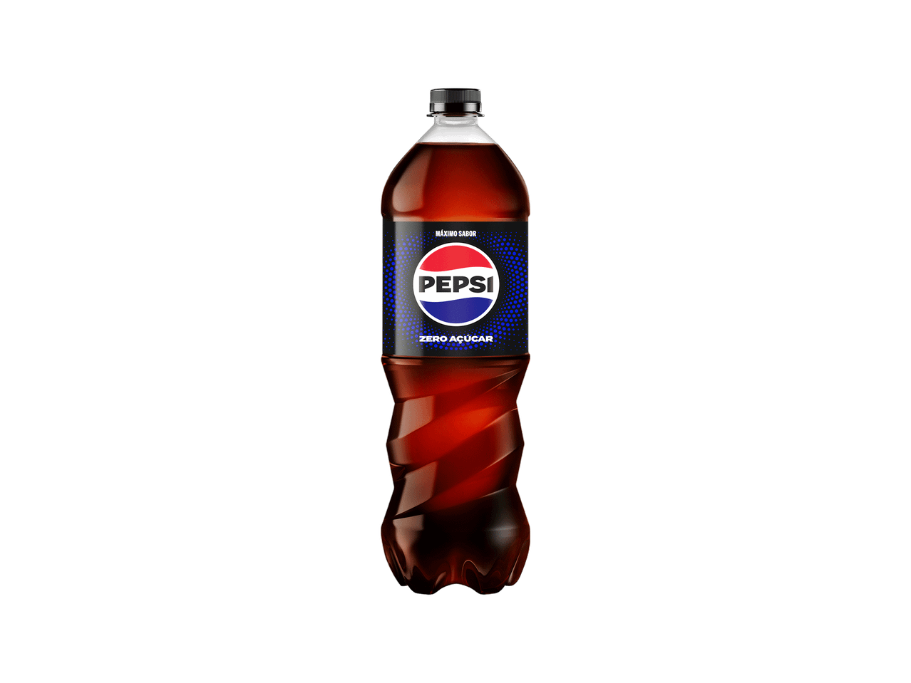 Garrafa de refrigerante de cola sem açúcar com rótulo preto e azul.