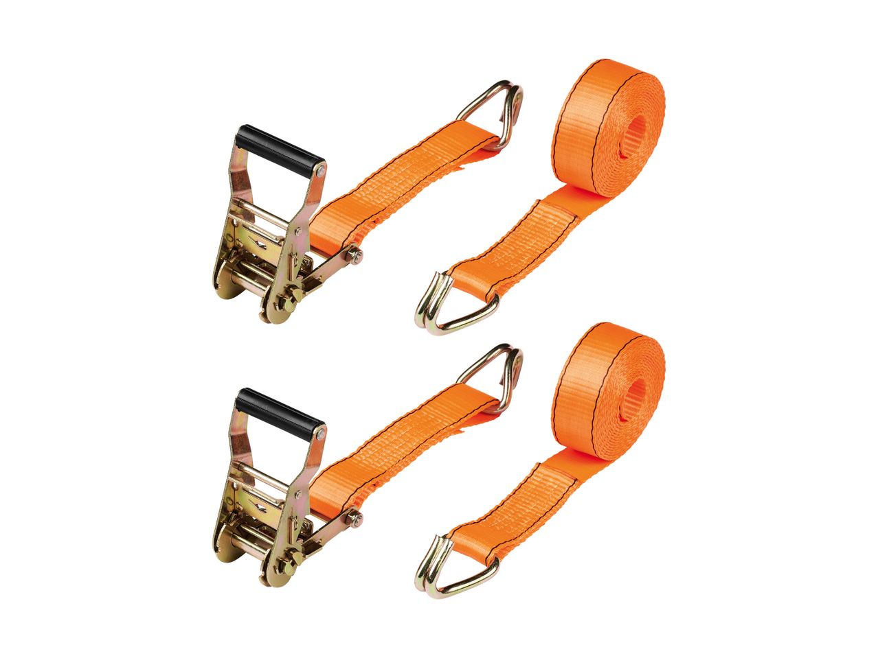 To orange surringsremme med skralde og kroge, den ene del er oprullet.