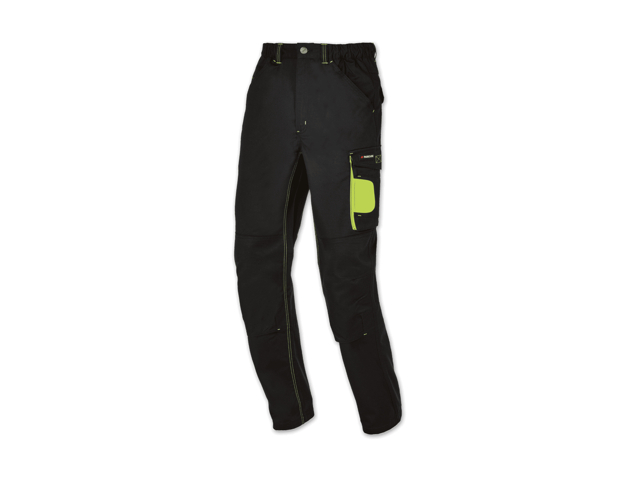 Schwarze Arbeitshose mit gelber Tasche.