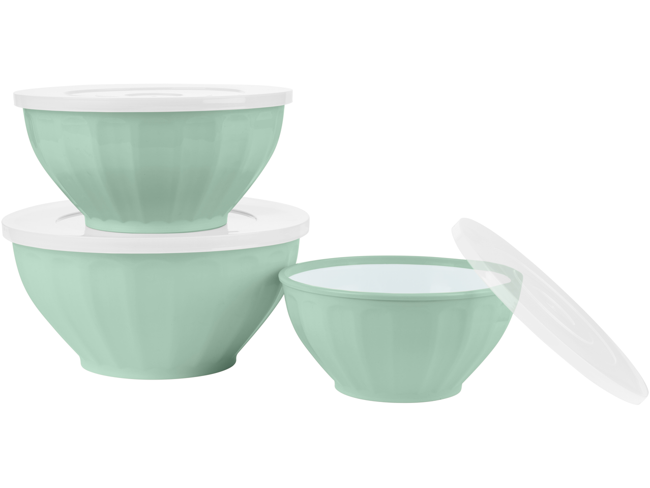 Set of three light green mixing bowls with white lids, one bowl open with lid askew.