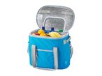 A blue insulated cooler bag with gray accents, partially open, showing fruit inside.