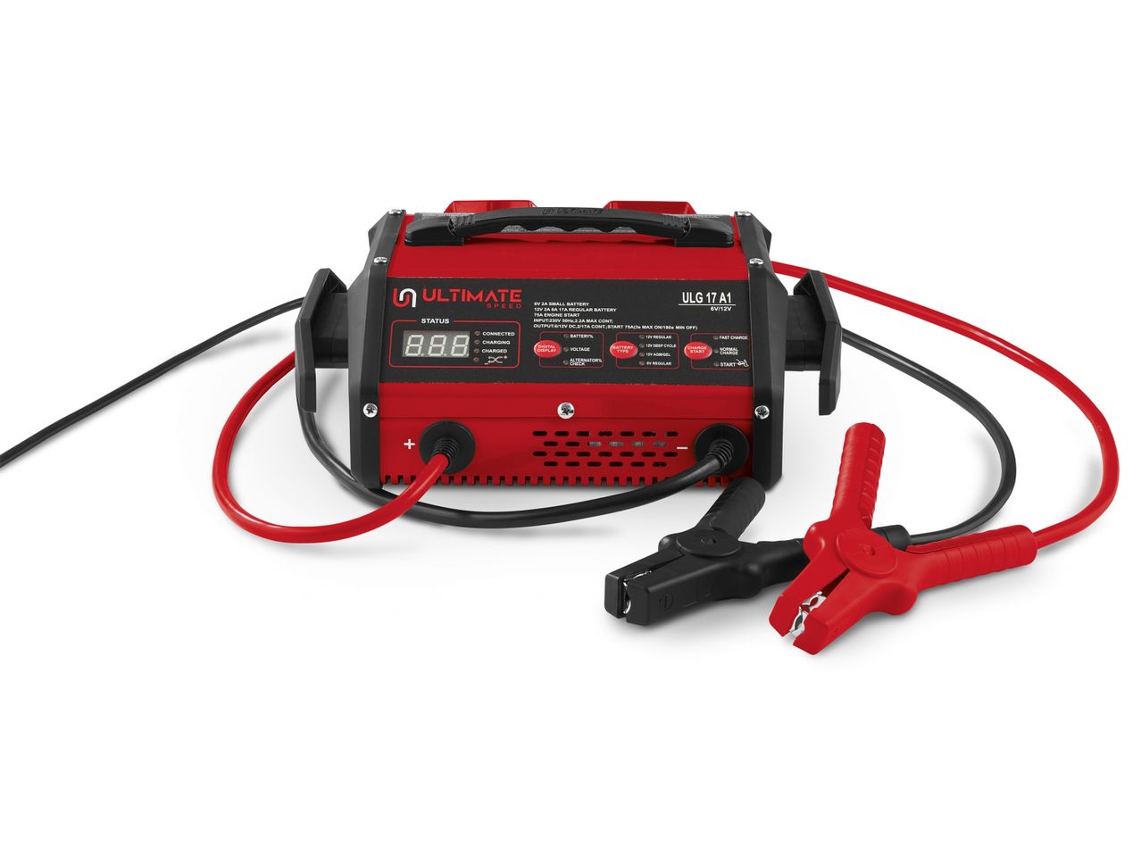 A red and black portable jump starter with attached jumper cables.