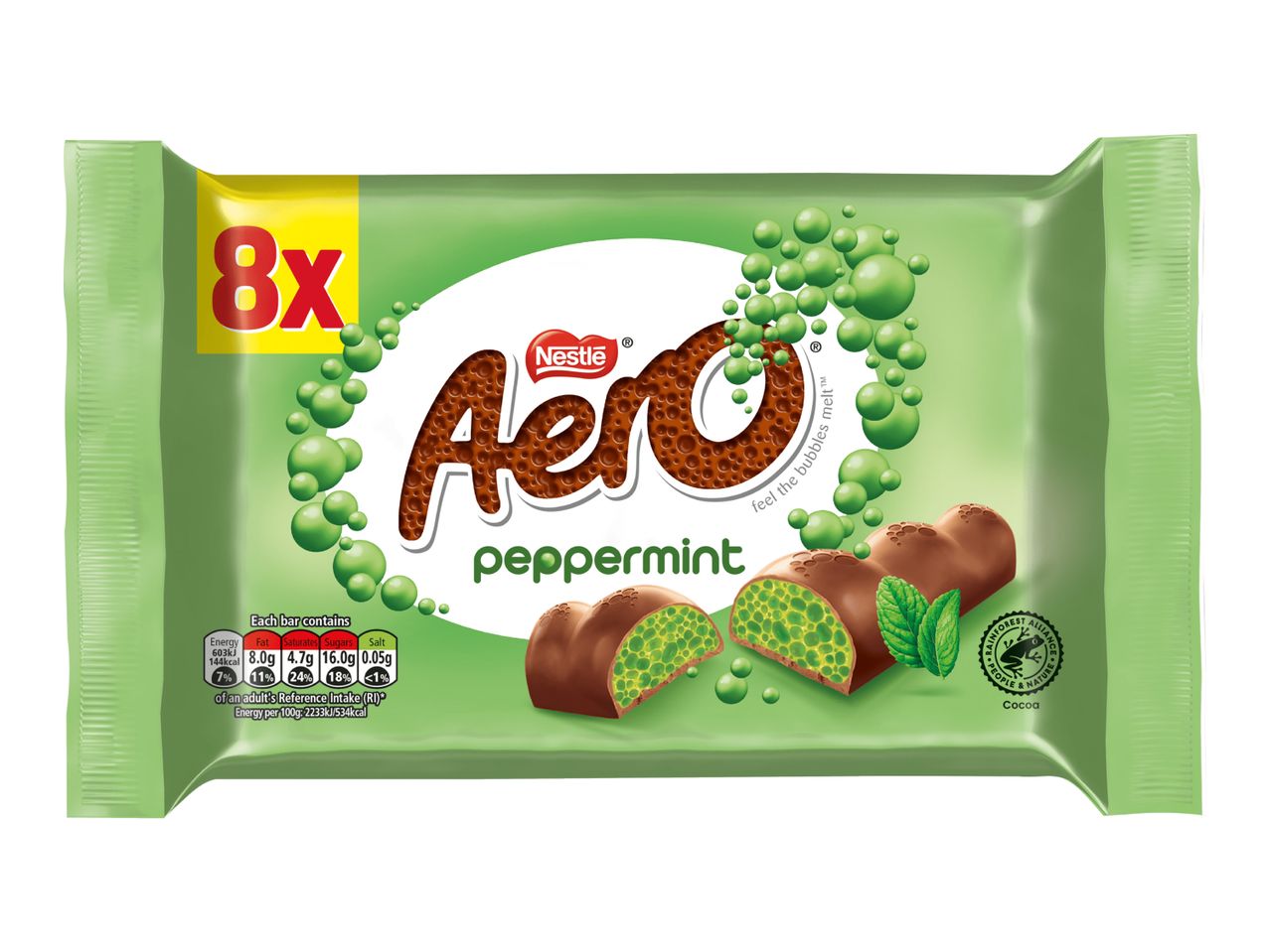 Green packaging for 8 peppermint chocolate bars with nutritional information.