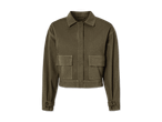 Kurze, olivgrüne Jacke mit Knöpfen.