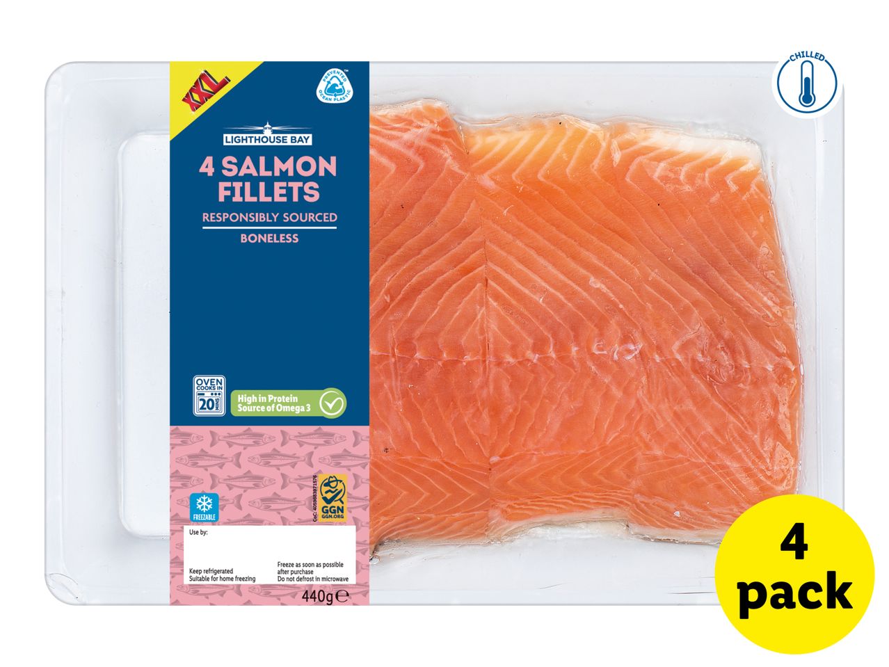 Pack of 4 boneless salmon fillets, responsibly sourced, high in protein and Omega 3.