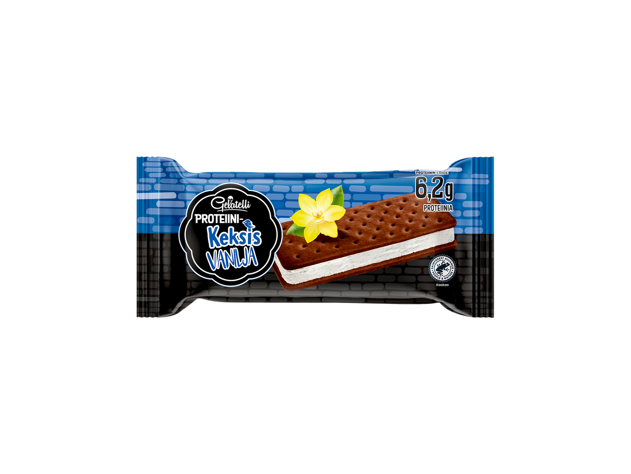 Proteiinivaniljakeksi-jäätelöpuikko sinisessä ja mustassa pakkauksessa, jossa on 6,2 g proteiinia.