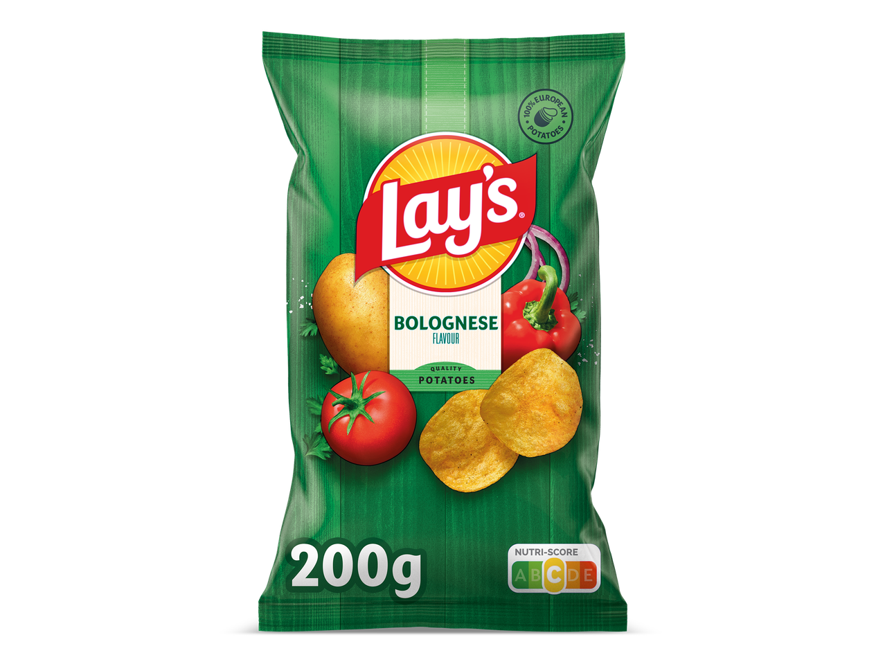 Een groene zak bolognese chips van 200 gram.