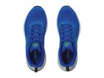 Two blue and green athletic shoes, viewed from above.