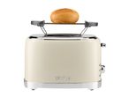 Cream-colored toaster with a bread roll on top, featuring a retro design.