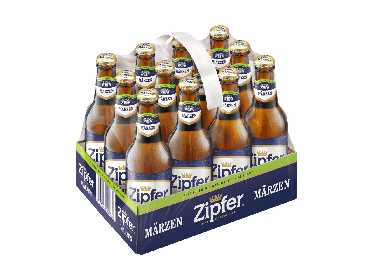 Zwölf Zipfer Märzen-Bierflaschen in einem Karton.