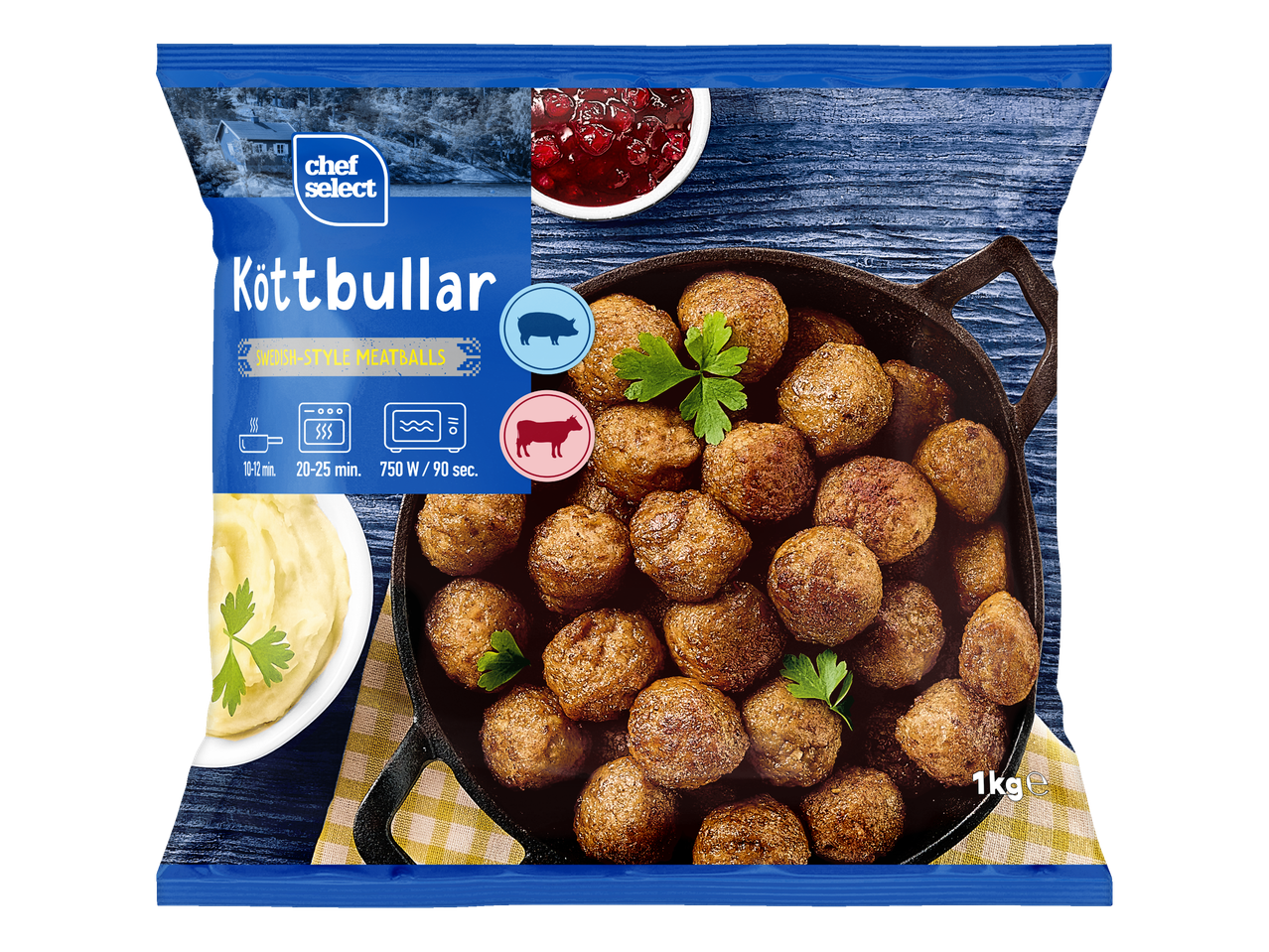 Chef Select Köttbullar (Zweedse gehaktballetjes) in een pan met bijgerechten.
