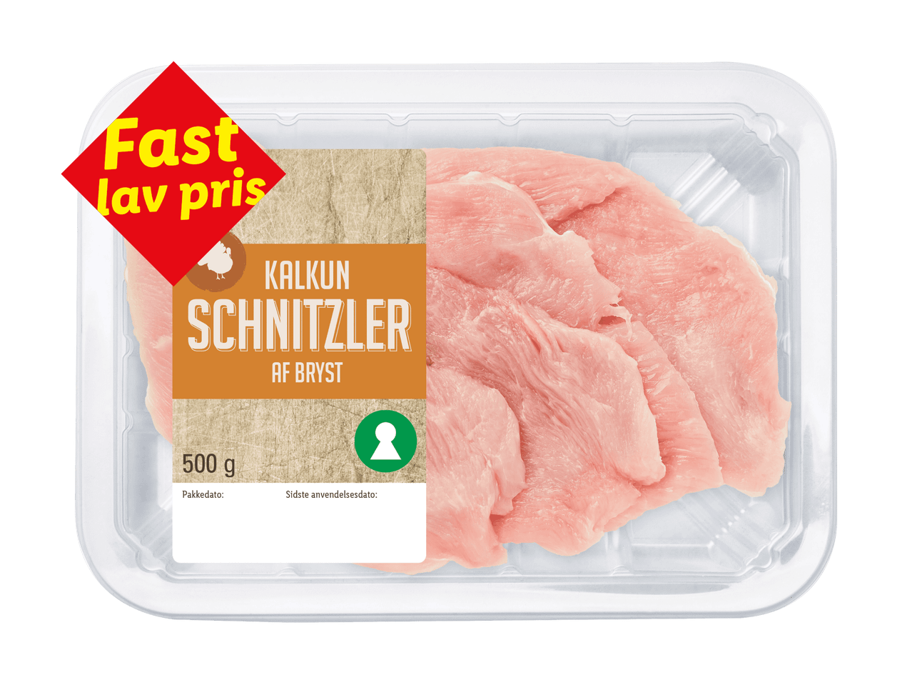 Pakke med kalkunschnitzler af bryst, 500g, med et rødt mærke der siger 'Fast lav pris'.