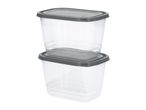 Two rectangular clear food storage containers with dark grey lids, stacked on top of each other.