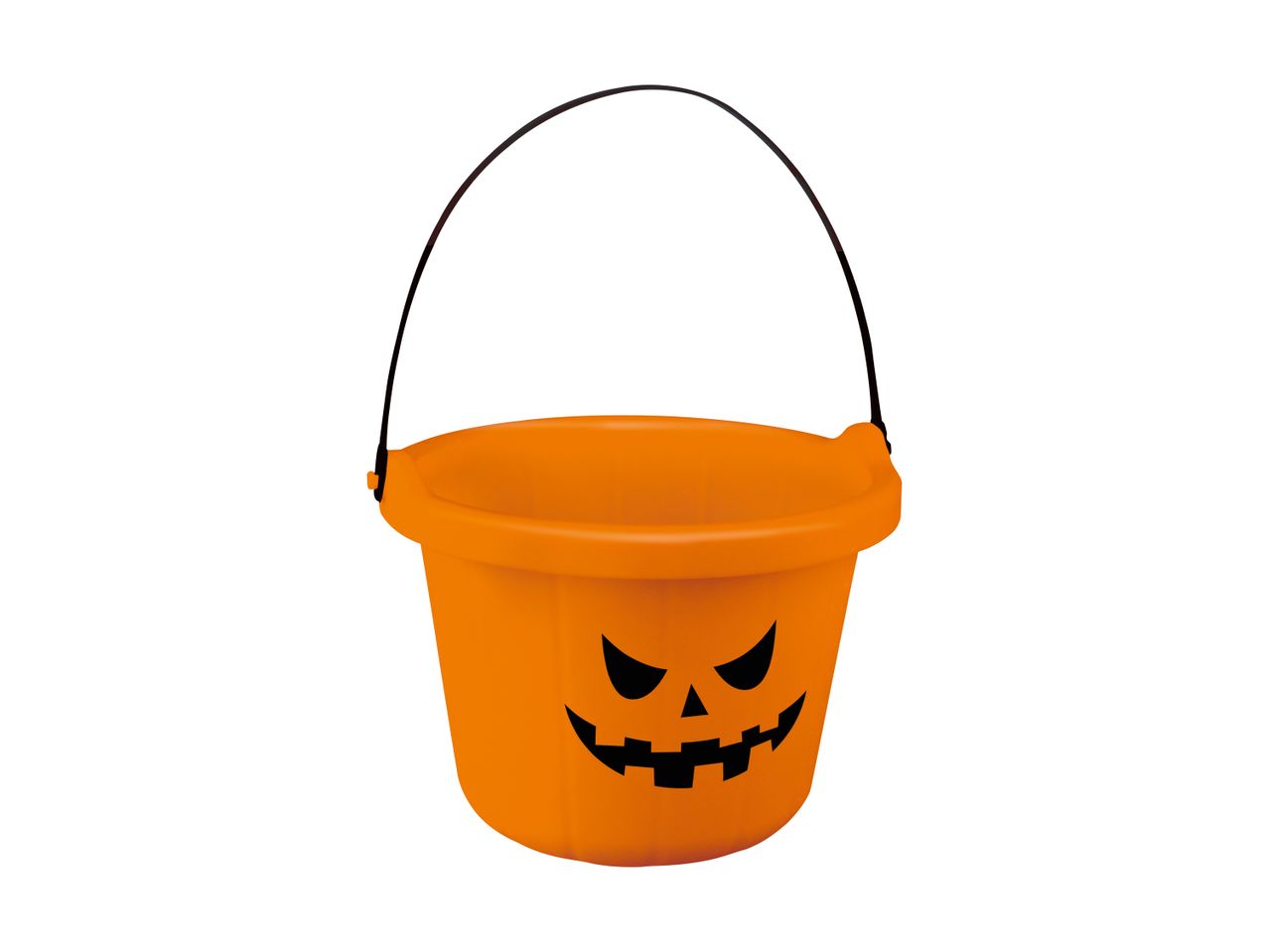 Orange Halloween pumpkin bucket with a carved jack-o'-lantern face