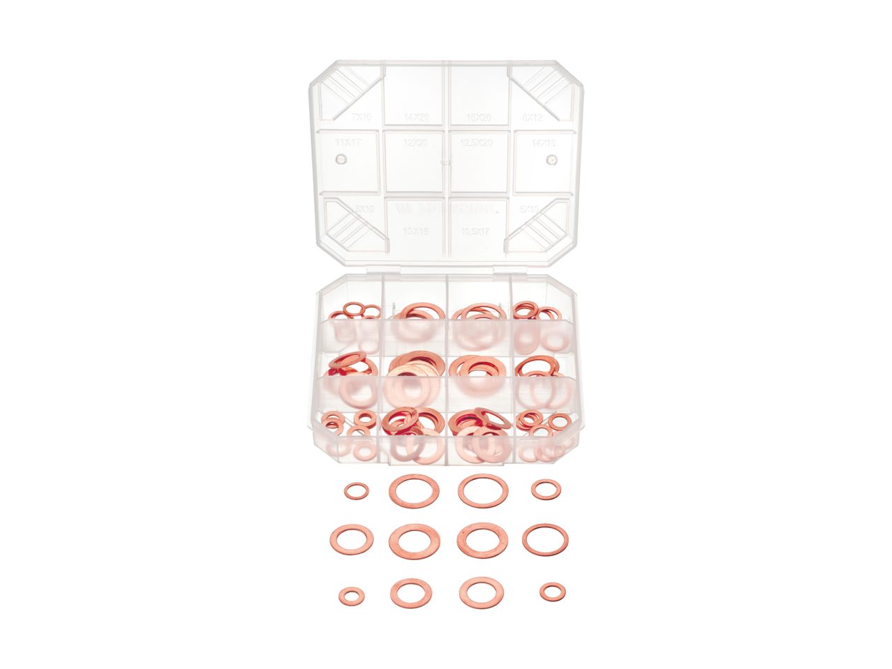 A clear plastic case filled with copper washers of various sizes.