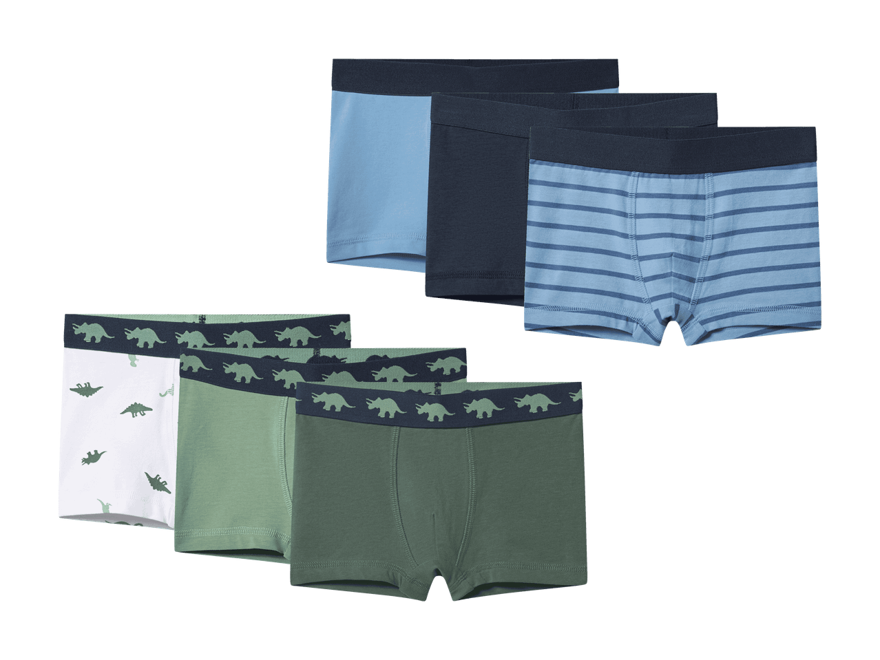 Kinder-Boxershorts aus Baumwolle, unifarben blau und gestreift, sowie grün mit Dinosaurier-Print.