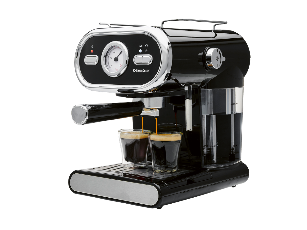 Máquina de café expresso preta com detalhes cromados, preparando duas chávenas de café.