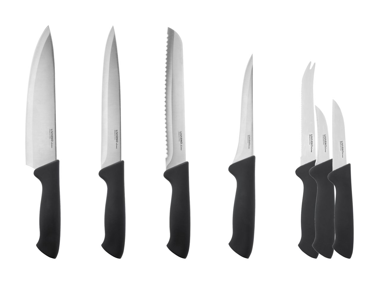 Ensemble de couteaux Livarno Home : couteau de chef, couteau à pain, couteau à découper et 3 couteaux utilitaires.