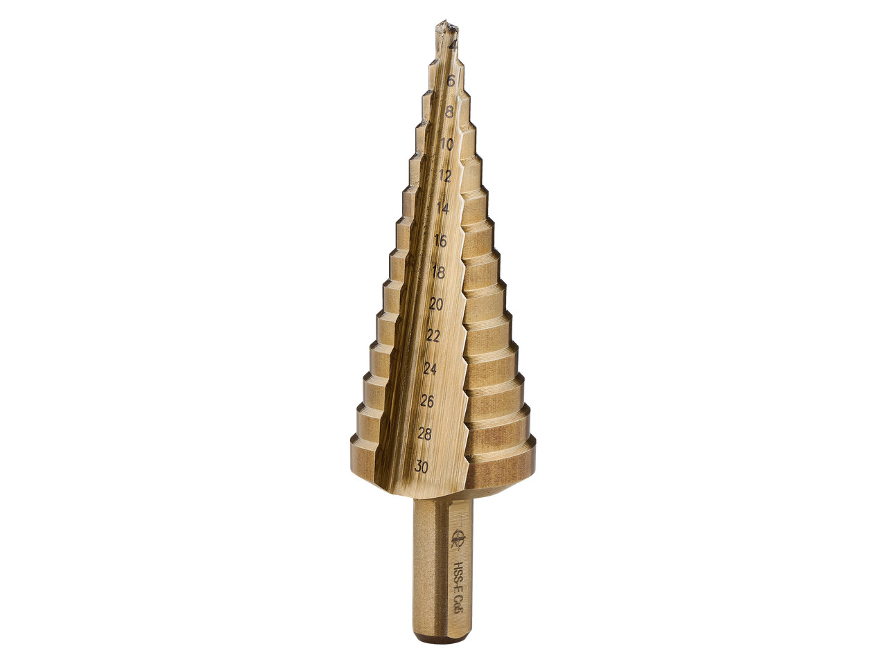 Parkside Performance® HSS-E Co5 laiptinis grąžtas su dydžio žymėjimais nuo 4 iki 30 mm.