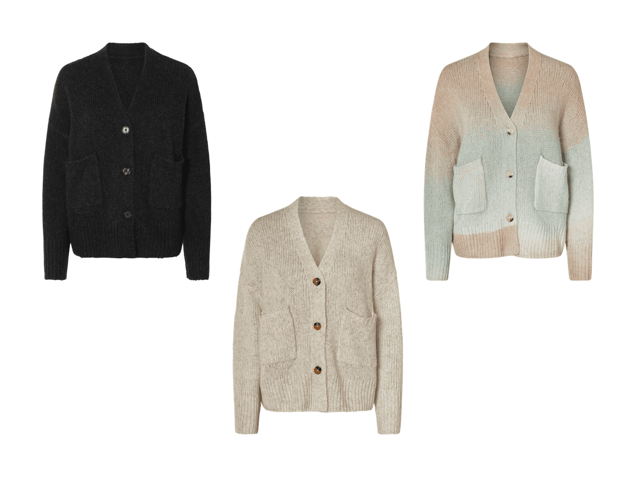Drei Strickjacken: eine schwarze, eine beige und eine mehrfarbige.