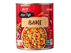 Blik met Aziatische bami, Nutri-Score A en 3 sterren Beter Leven keurmerk.