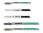PARKSIDE jigsaw blades for wood and metal, including basic, clean, and speed wood types.