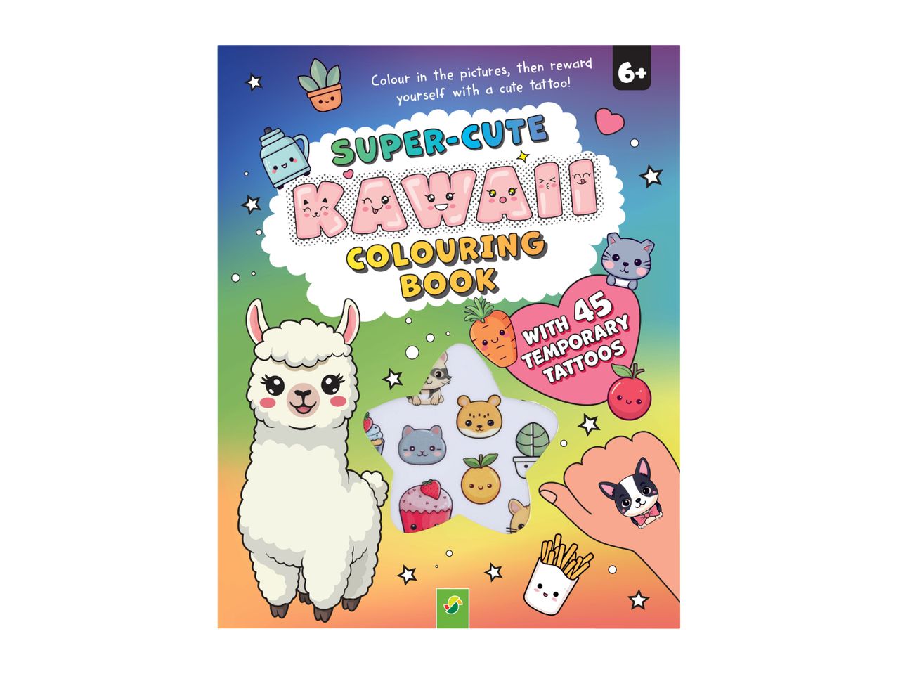 Super-Cute Kawaii Colouring Book with 45 temporary tattoos, featuring a llama and various cute characters.