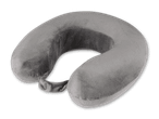 Graues Nackenkissen aus Plüsch mit Knopfverschluss.