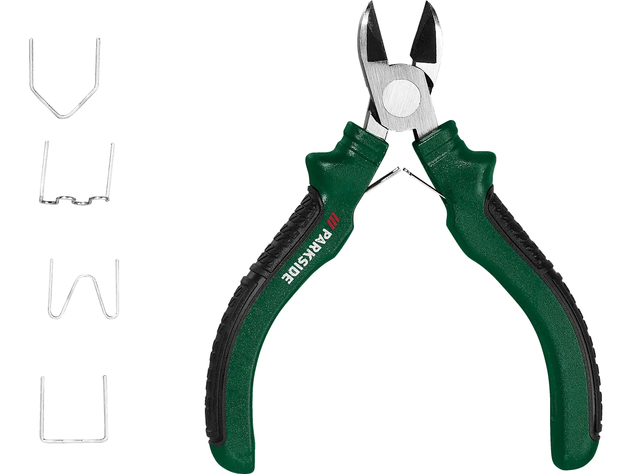 Parkside® plastic welding gun with various welding rods on a black background.