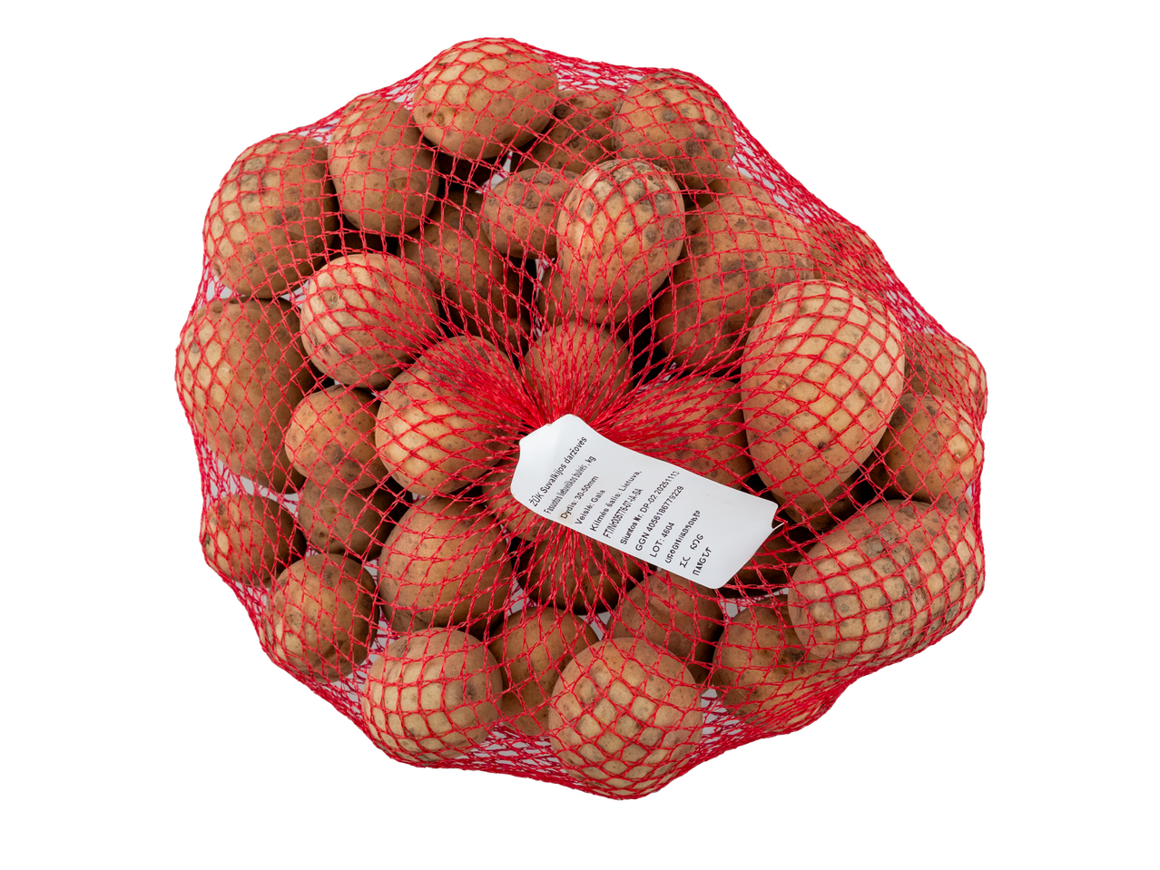 Maišelis su lietuviškomis bulvėmis 'Gala' veislės, 30-50mm dydžio.