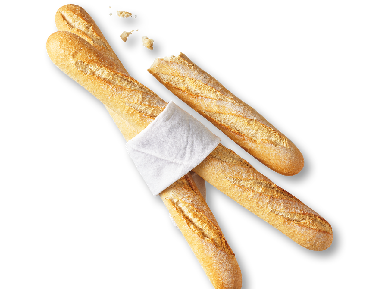 Три багети, едната от които е отхапана, а две са увити в бяла кърпа.