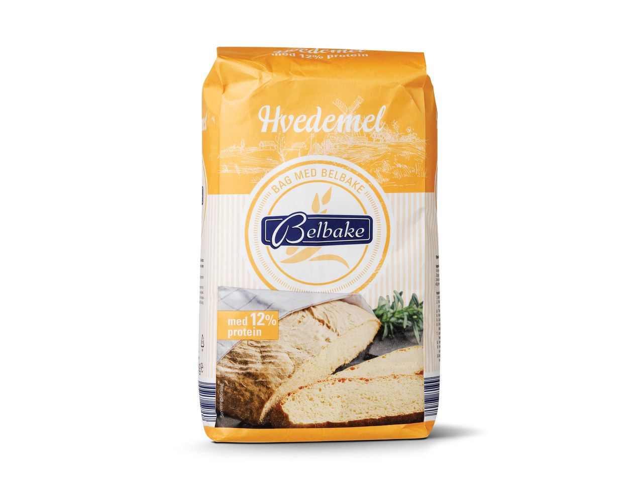 Belbake Hvedemel med 12% protein i en gul pose med billede af brød.