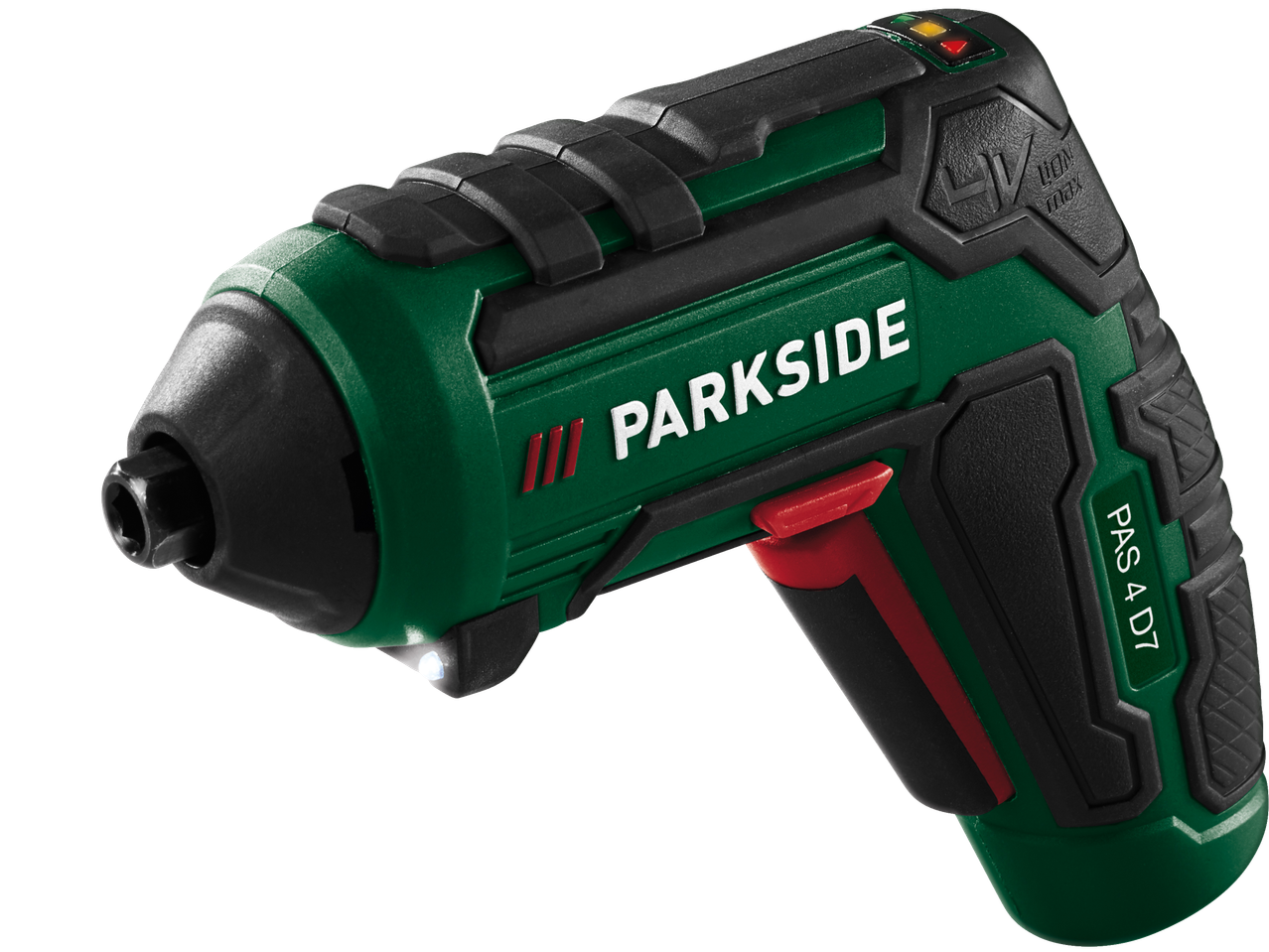 Zeleni i crni bežični odvijač s crvenim naglascima i svjetlom, prikazuje '4V Li-ION max' i 'PAS 4 D7'.
