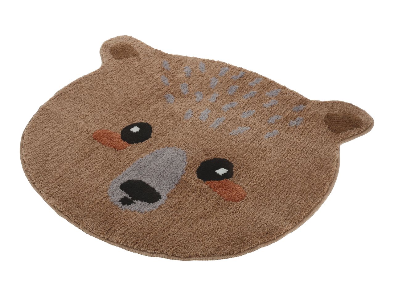 Brown bear-shaped bath mat with embroidered facial features and gray spots