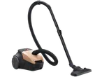 Philips Bagged Vacuum Cleaner in black and rose gold with hose and floor nozzle.