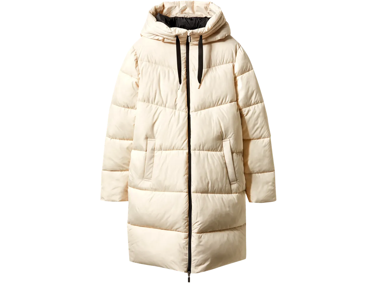 Ilga smėlio spalvos pūkinė striukė su gobtuvu ir juodu užtrauktuku