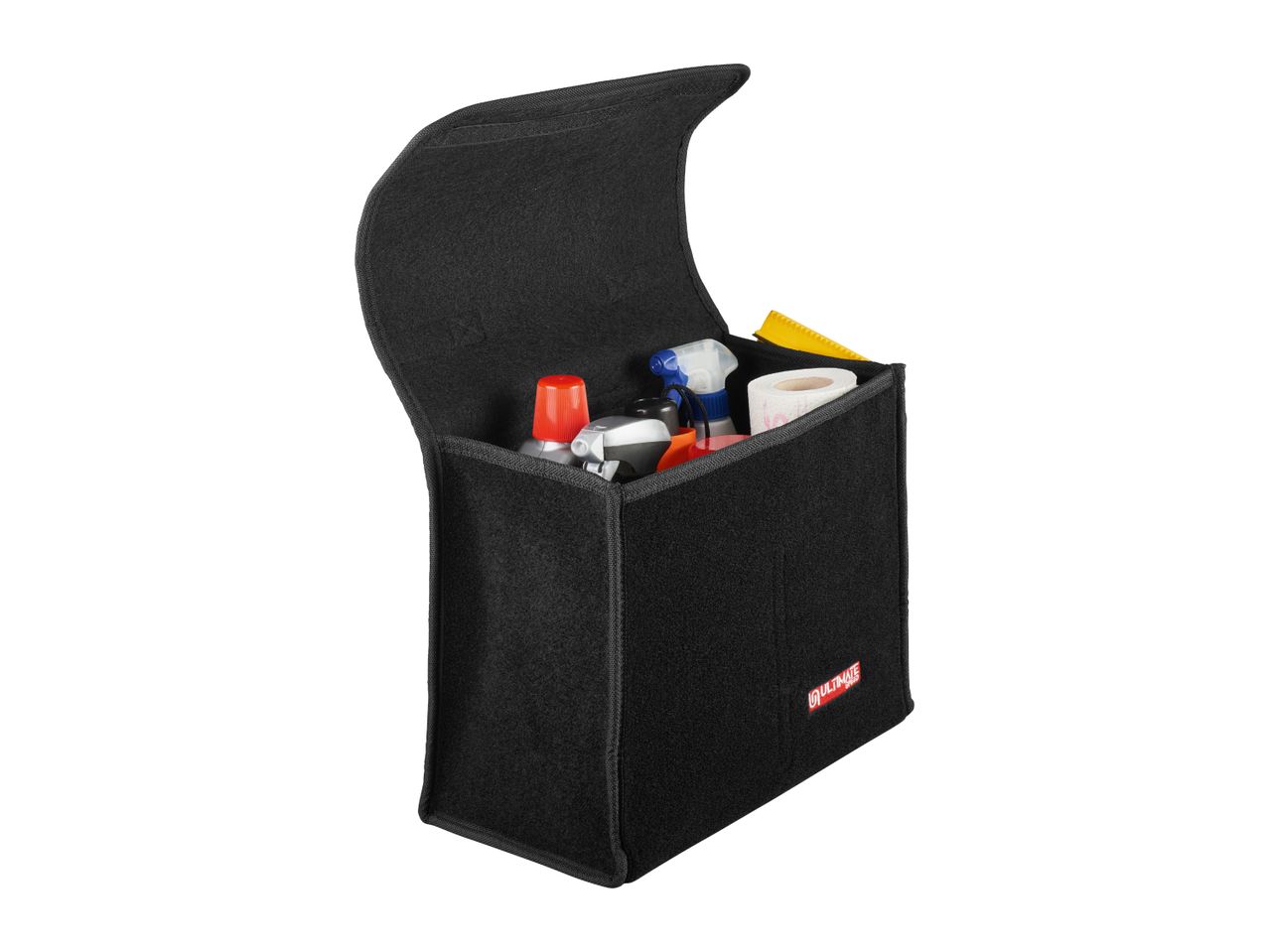 Black car boot organizer with cleaning supplies and toilet paper, featuring a red Ultimate Speed logo.