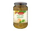 Jar of pesto alla genovese with cheese and basil leaves on the label.