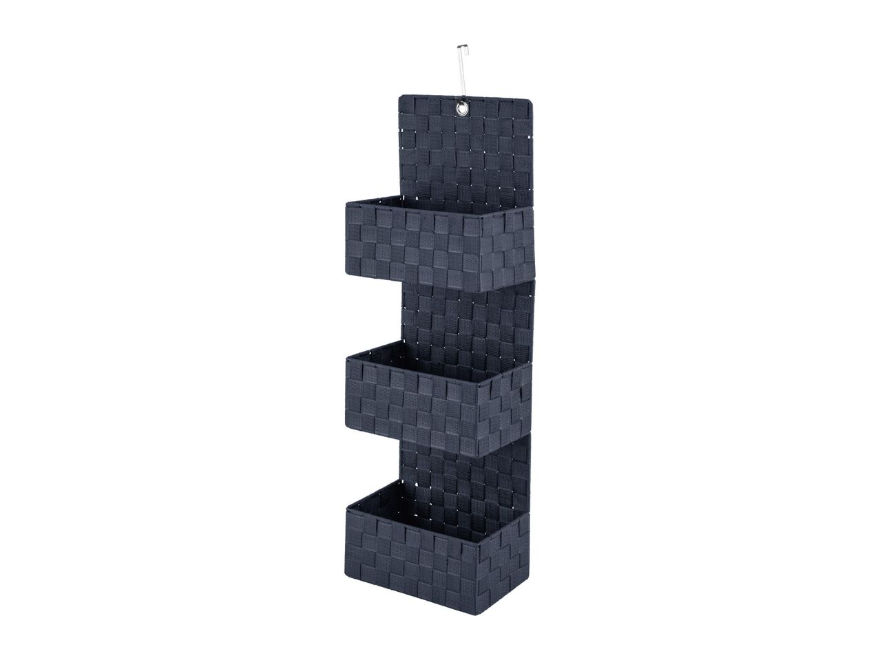 A dark-blue fabric hanging organizer with three shelves.