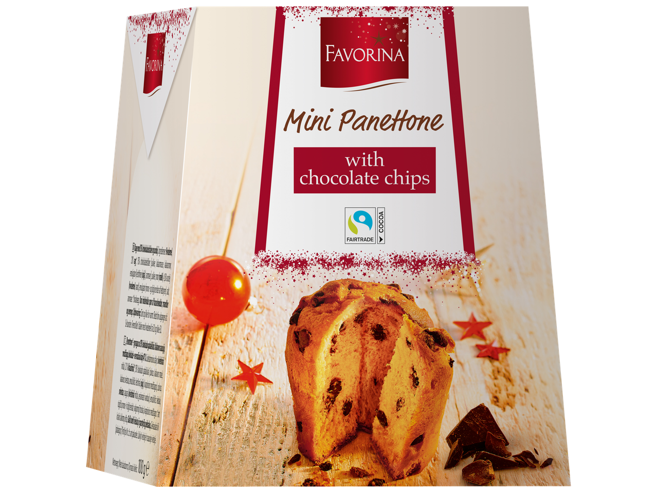 Favorina mini panettone su šokolado drožlėmis ir Fairtrade logotipu dėžutėje.