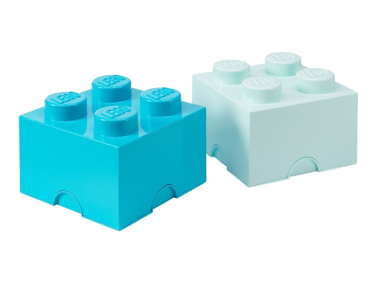 Two square storage boxes resembling building blocks, one in bright blue and one in light blue.