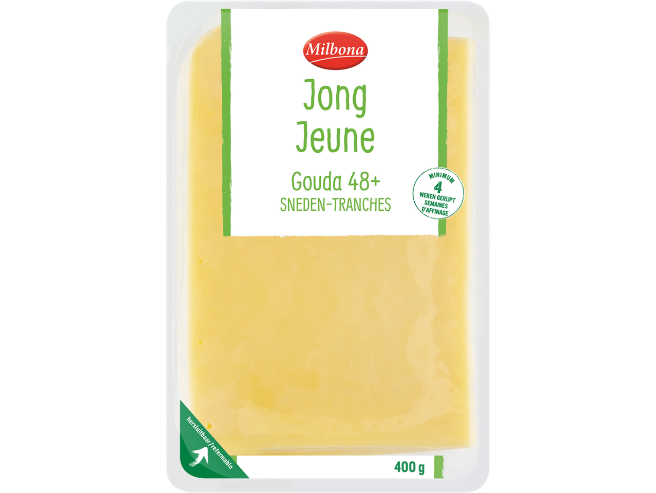 Tranches de fromage Milbona Jeune Gouda 48+, affinées minimum 4 semaines, 400g, refermables.