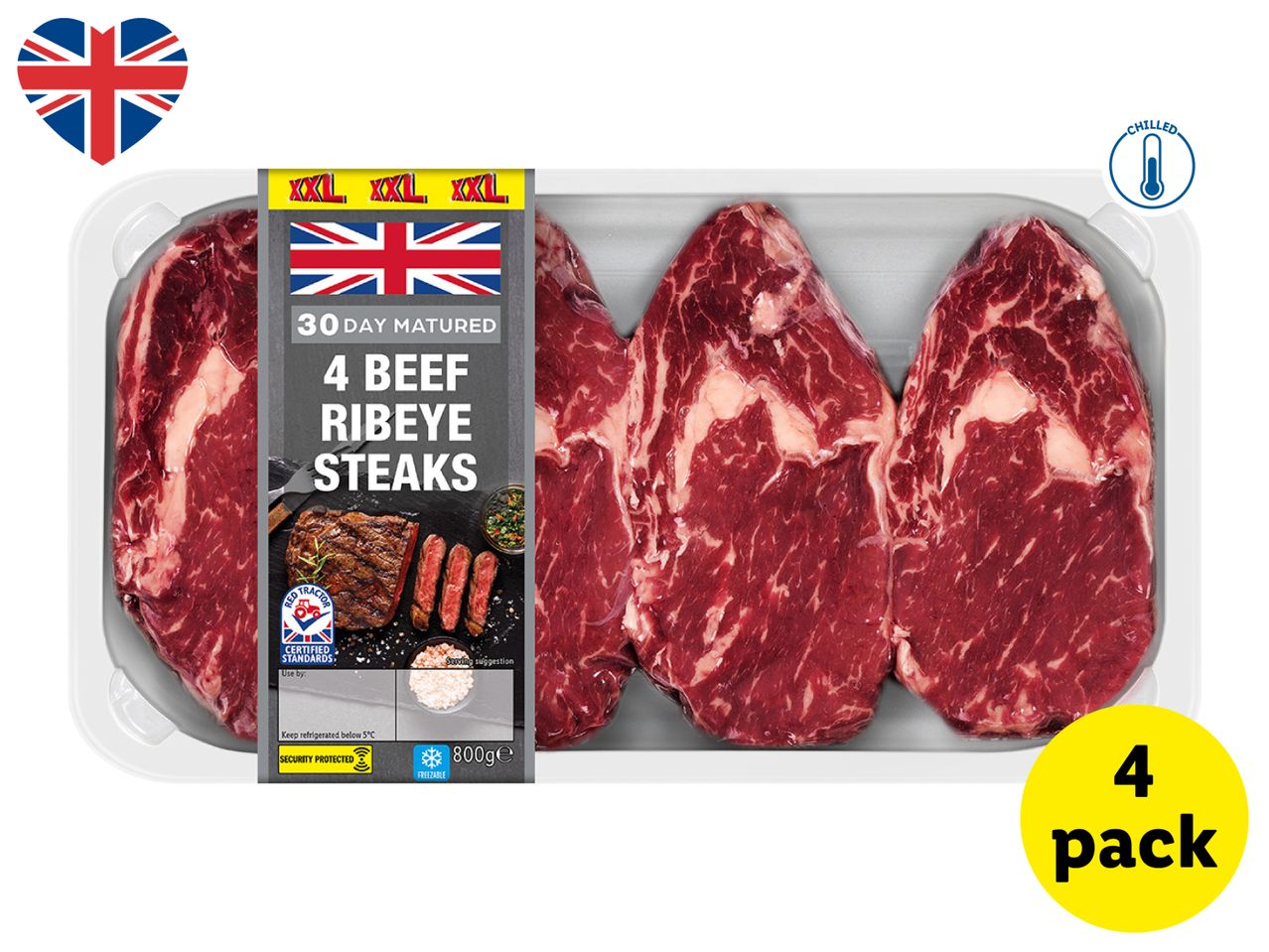 Four chilled, 30-day matured beef ribeye steaks in a pack, 800g total weight.