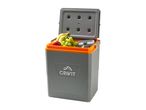 Grey and orange cooler box filled with fruit and a drink bottle, lid open.