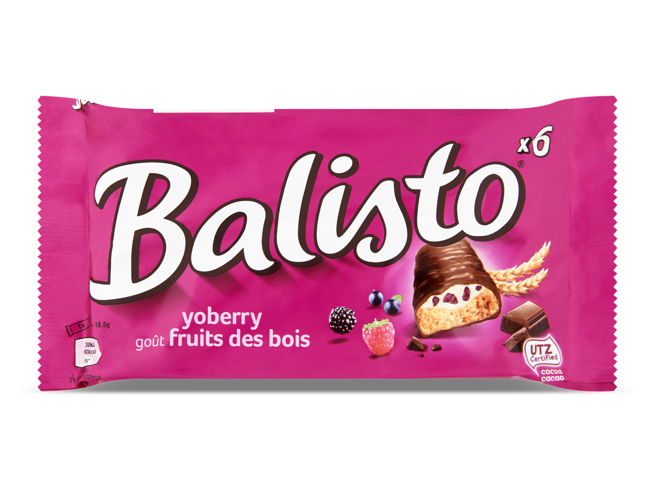 Roze verpakking met 6 mueslirepen met bosvruchten en chocolade.