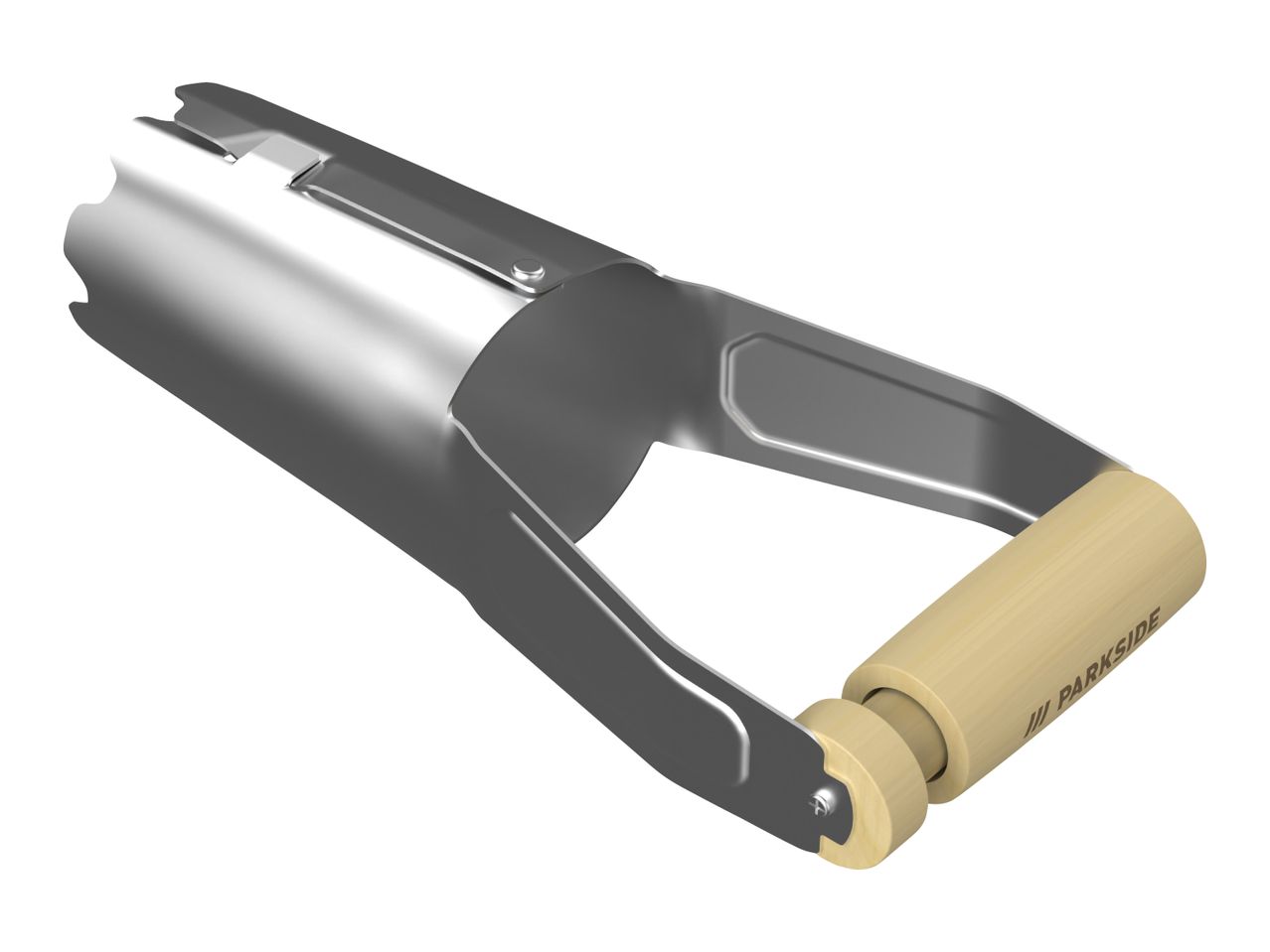 A bulb planter with a silver metal body and a light wooden handle, angled on a white background.