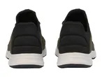 Pair of black and olive green sneakers with white soles, seen from the back.