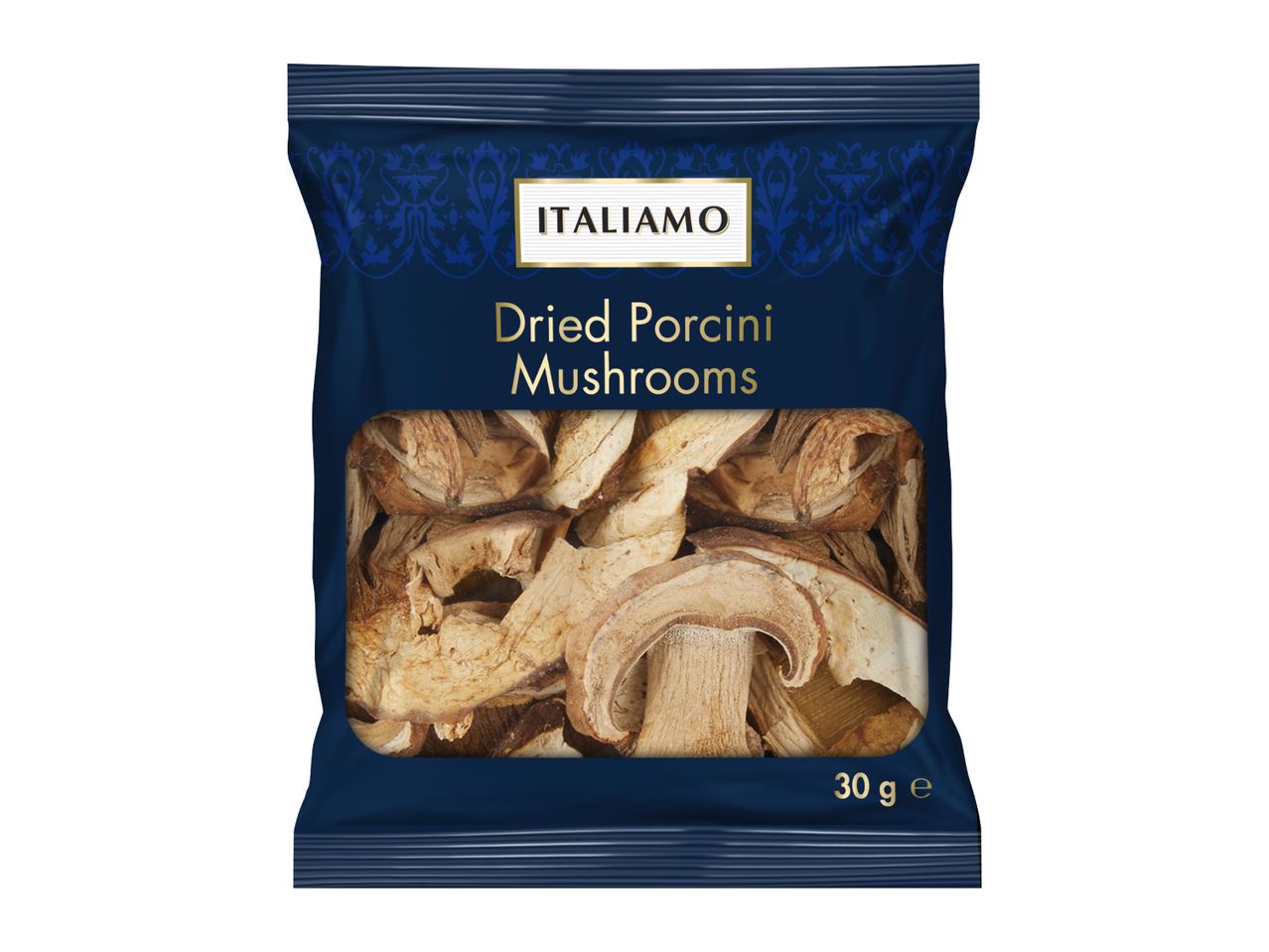 A dark blue package of dried porcini mushrooms with a clear window showing the contents, 30g.